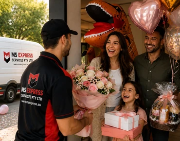 MS Express driver delivering flowers, balloons and gifts to a family
