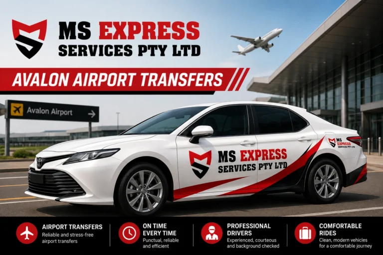 MS Express private car parked outside Avalon Airport terminal ready for a Geelong transfers now