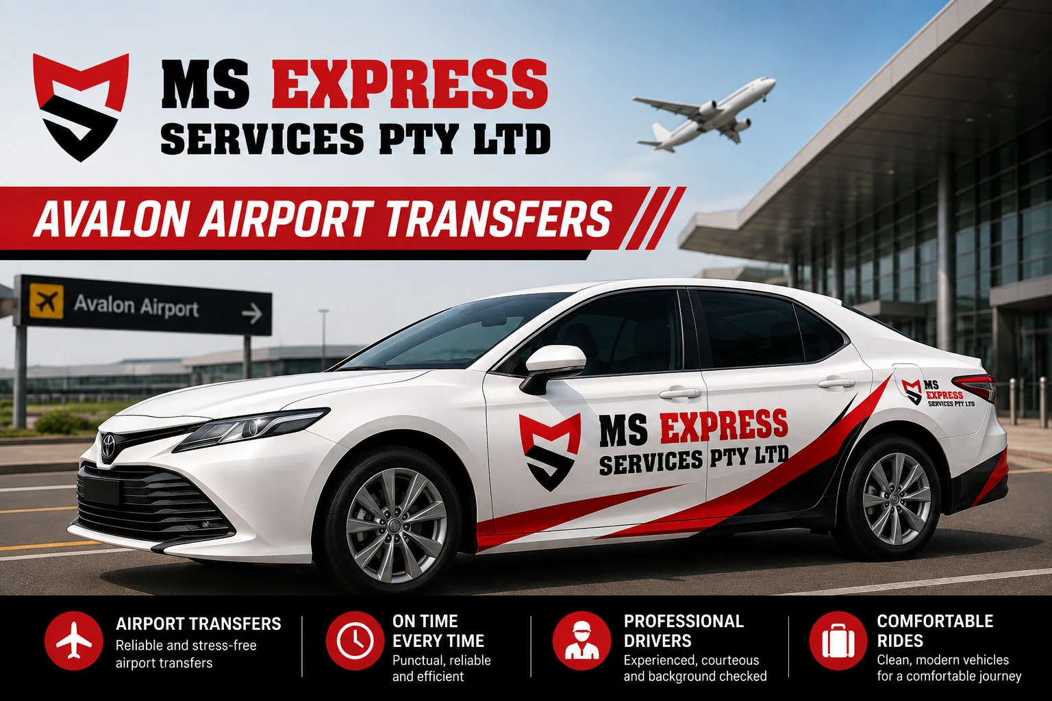 MS Express private car parked outside Avalon Airport terminal ready for a Geelong transfers now