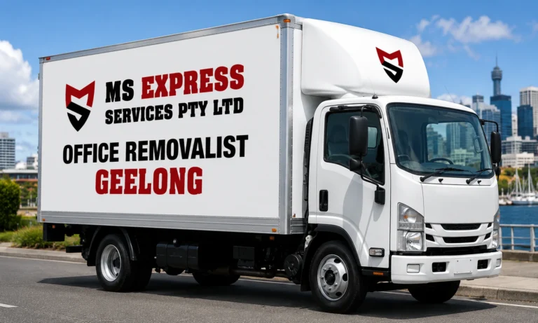 MS Express removalists loading office furniture and equipment into a van in Geelong
