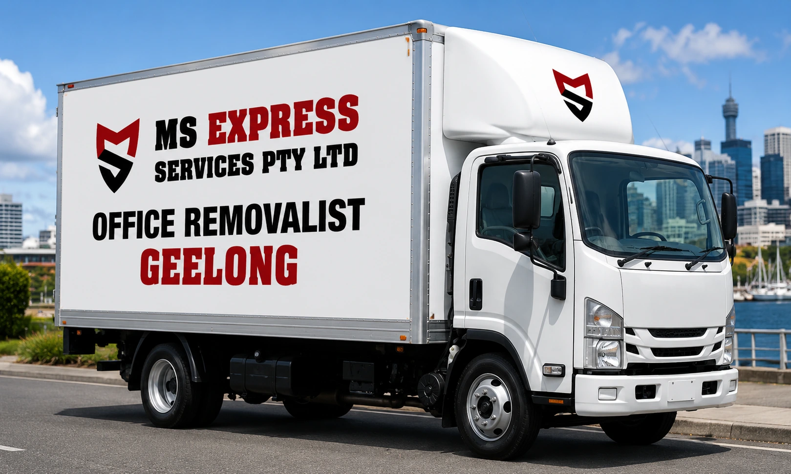 MS Express removalists loading office furniture and equipment into a van in Geelong